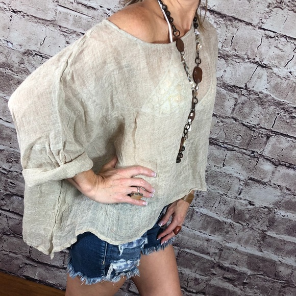 New Cool Breezy Gauzy Beige Linen Top Cover Up - Picture 4 of 8